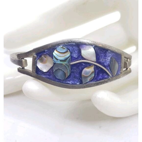 Vintage Child Bracelet Mexico 925 Silver Hinged Abalone Flower Inlay Signed - Picture 1 of 9
